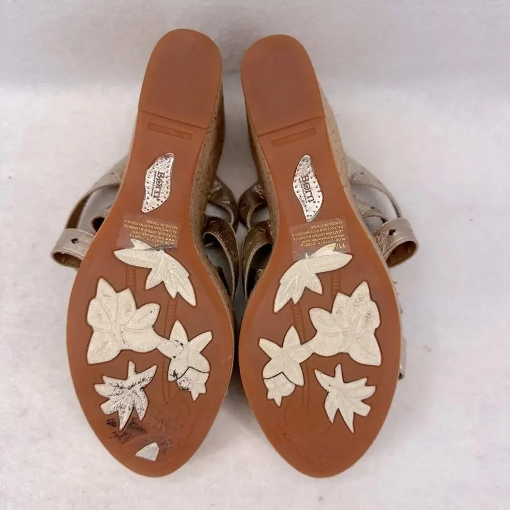 EUC Born Cork Wedges Sandals Leather Pewter size 12 4.5” Heels Strappy